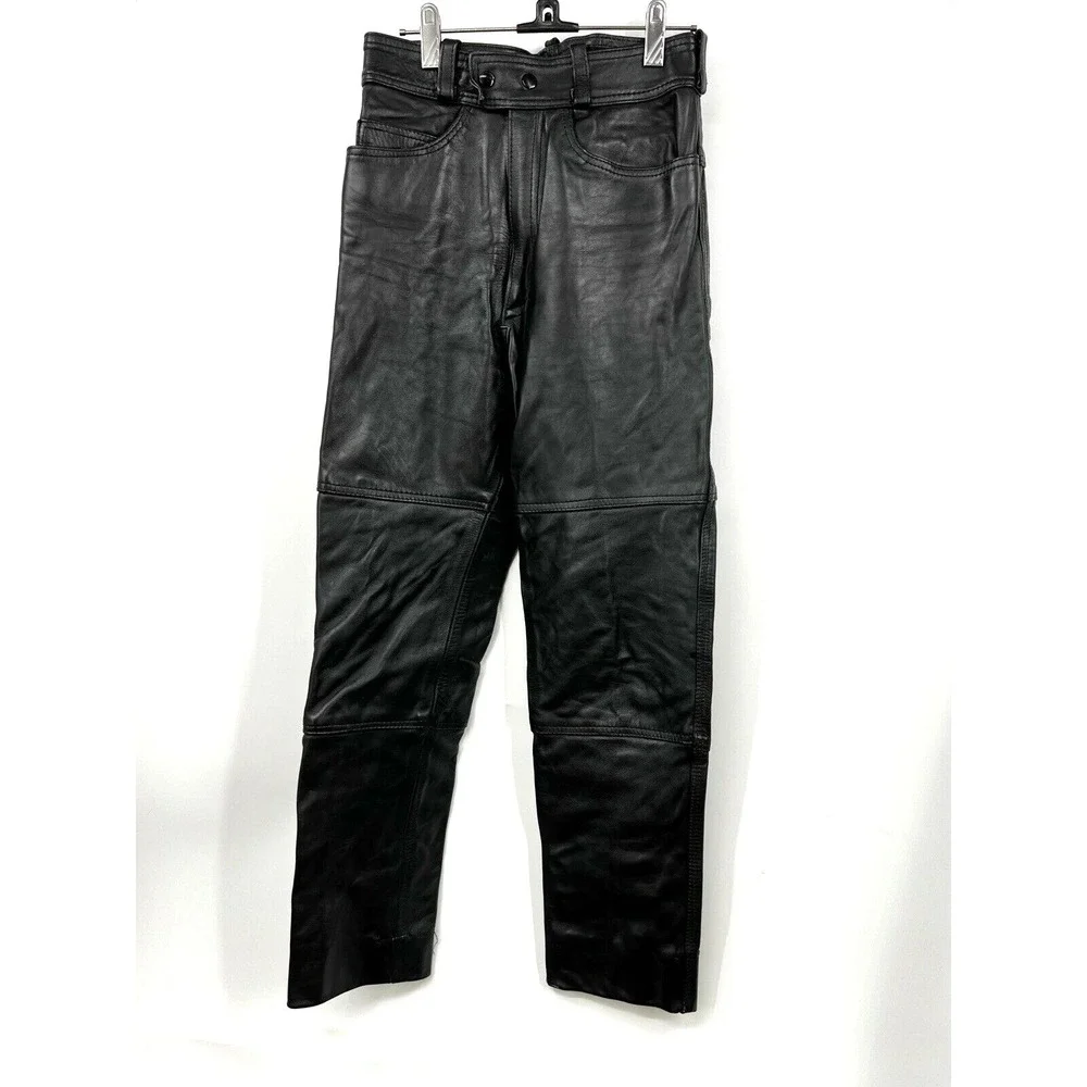 First Genuine Leather Pants Womens Black Smooth Motorcycle Pants Size 28 - Picture 1 of 7